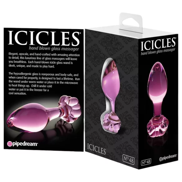 Icicles No. 48 - kukkakoristeinen lasinen anustappi (vaaleanpunainen)