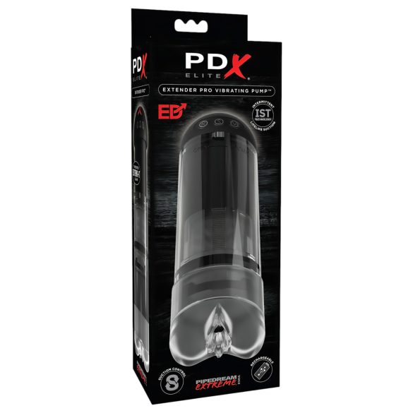 PDX Elite Extender Pro - Ladattava imu-värisevä tekopimppi (musta)