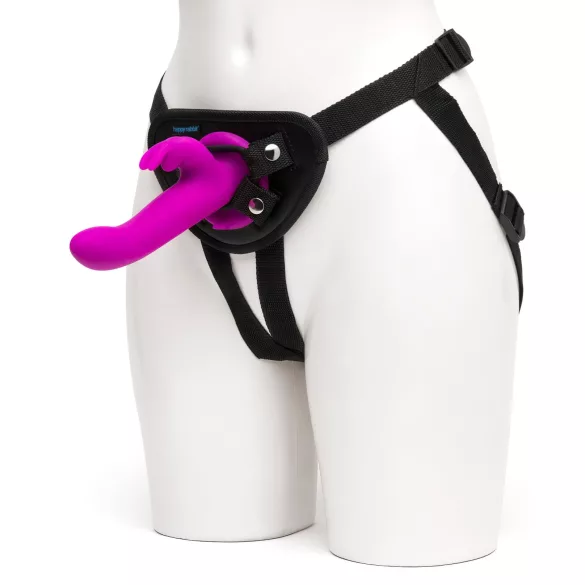 Happyrabbit Strap-On - pupumallinen, klitoriskiihotinosalla varustettu strap-on-vibraattori (liila)