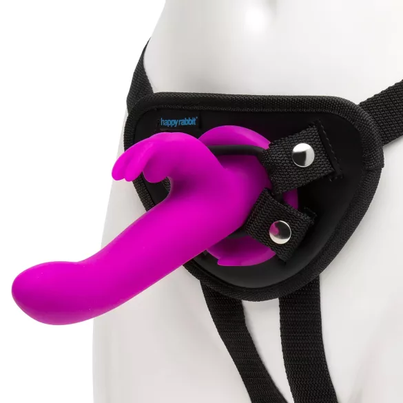 Happyrabbit Strap-On - pupumallinen, klitoriskiihotinosalla varustettu strap-on-vibraattori (liila)
