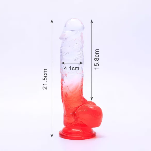 Sunfo - realistinen tapattava dildo kiveksillä - 21 cm läpinäkyvä punainen