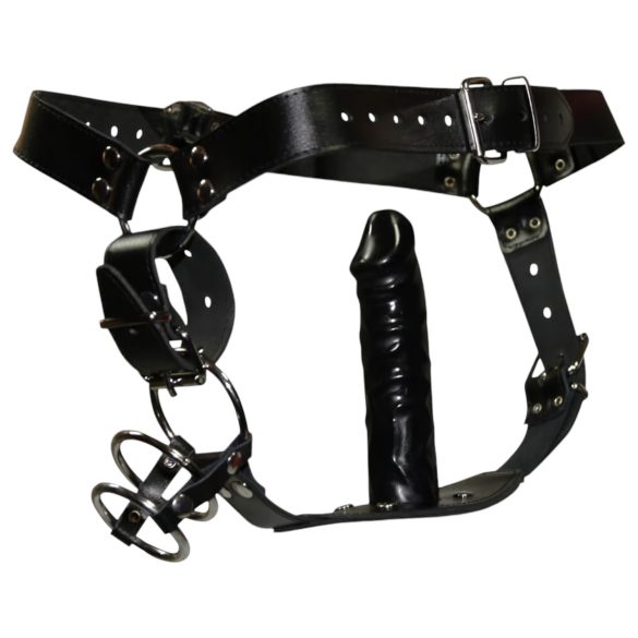 ZADO - nahkatanga dildolla ja 3 penisrenkaalla - L/XL