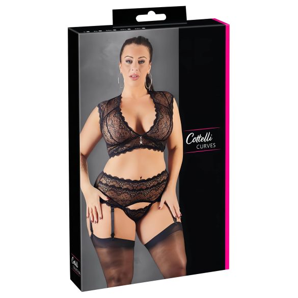 Cottelli Plus Size - strassilla korsitettu pitsiasu (musta) - 3XL