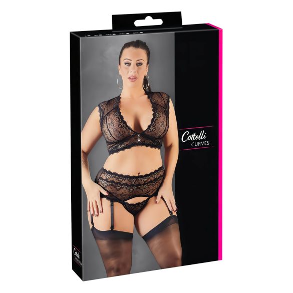 Cottelli Plus Size - strassilla korsitettu pitsiasu (musta) - 3XL