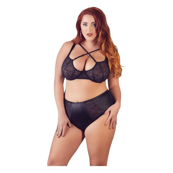 Cottelli Plus Size - Ristikkäiset Rintaliivit ja Alushousut (Musta) - 85E/L