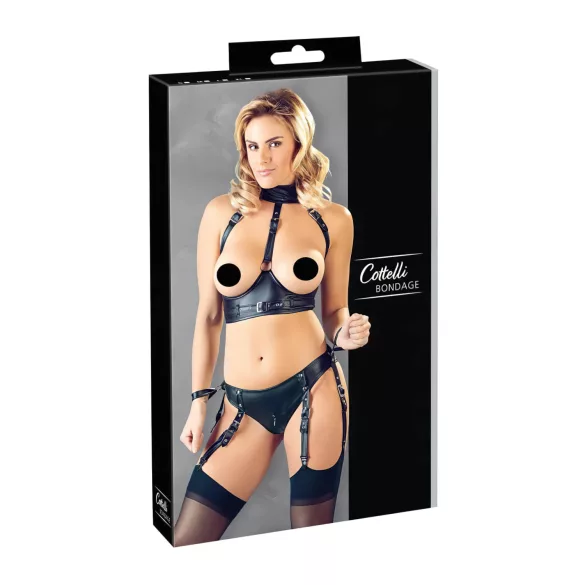 Cottelli Bondage - kiiltävä rintaliivisetti käsiraudoilla - musta - XL