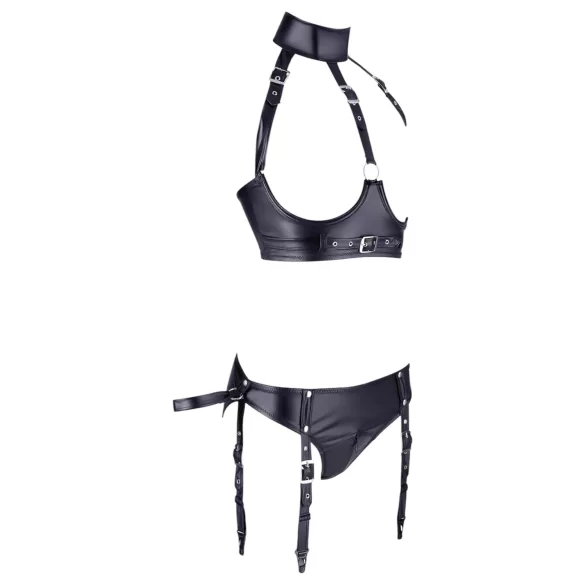 Cottelli Bondage - kiiltävä rintaliivisetti käsiraudoilla - musta - XL