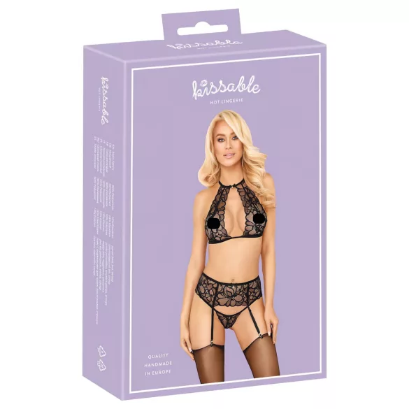 Suudeltava - kaulahihna & pitsiset rintaliivit (musta) - L/XL