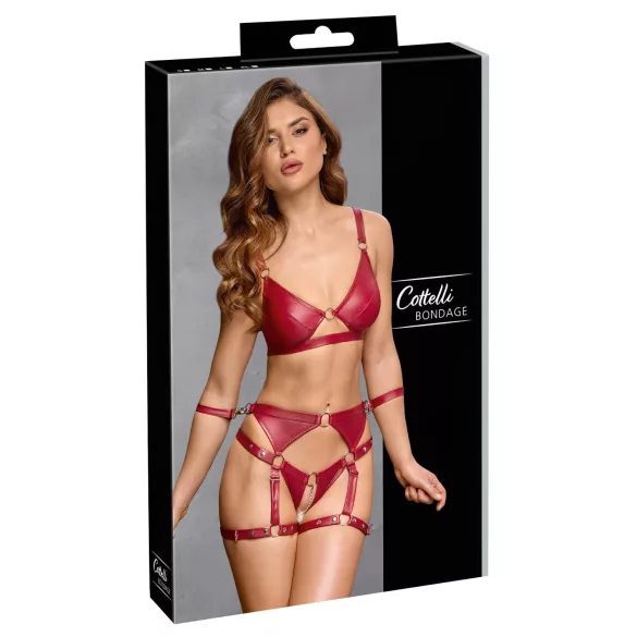 Cottelli Bondage: Kiiltävä rintaliivisetti ja käsikahleet (punainen) - M