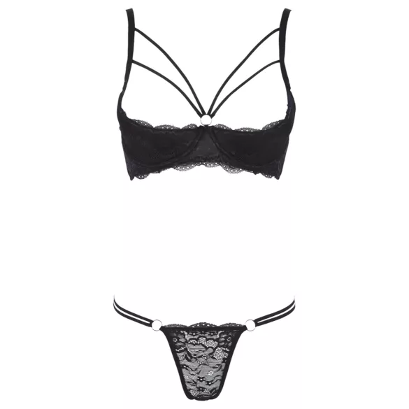 Cottelli - rintaliivit sträpeillä ja rengas - stringit - musta - 85C/L