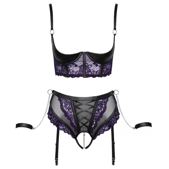 Cottelli Bondage - rintaliivisetti ja käsikahleet - musta/violetti - M