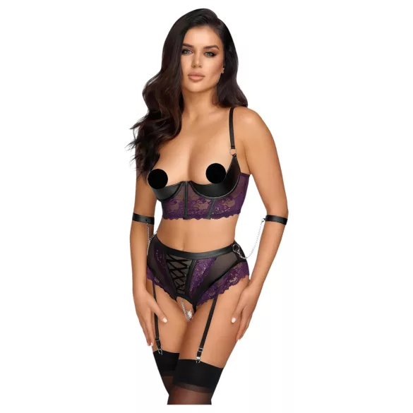 Cottelli Bondage - rintaliivisetti ja käsikahleet - musta/violetti - L