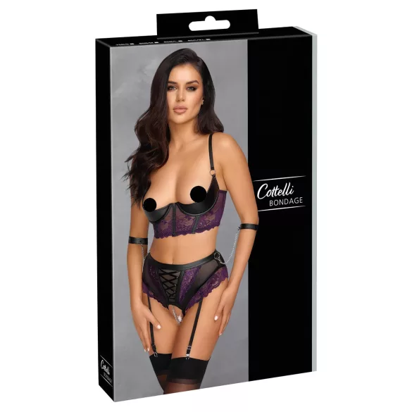 Cottelli Bondage - rintaliivisetti ja käsikahleet - musta/violetti - L