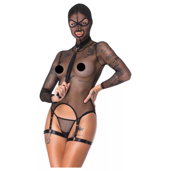 Bad Kitty - BDSM läpinäkyvä verkkosetti ruoskan kanssa (musta) - M