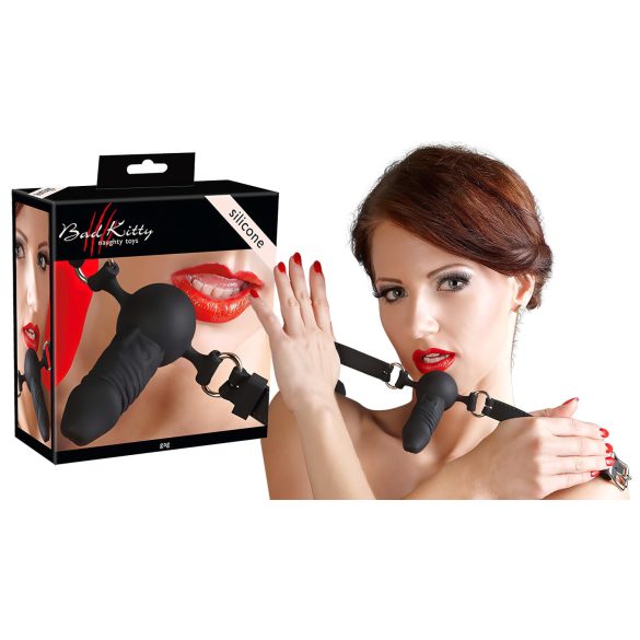 Bad Kitty - silikoni suupallo, pieni dildo (musta)