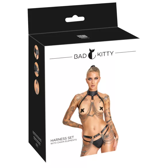Bad Kitty - 3-osainen musta valjassetti rinta- ja lantiovöillä (S-L)