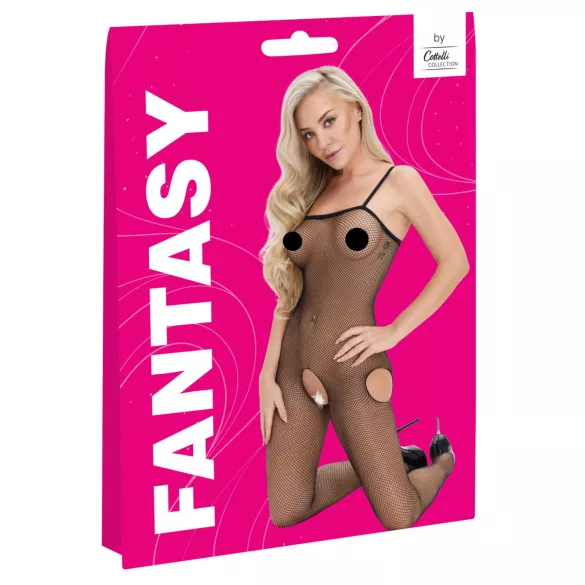 Cottelli Fantasy - sivuaukollinen, avoin musta verkkobodystocking (S-L)