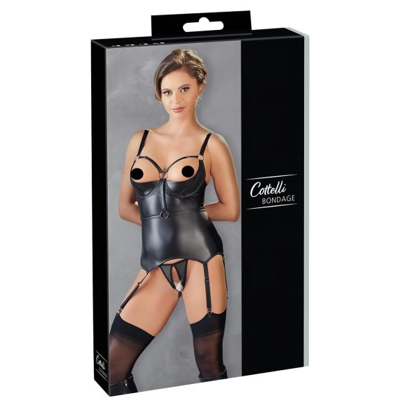 Cottelli Bondage - kiiltävä nosto-yläosa ja käsiraudat (musta) - L
