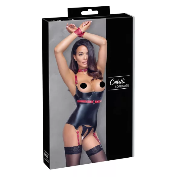 Cottelli Bondage - kiiltävä avoin rintaliivit kaulapannalla - musta - M