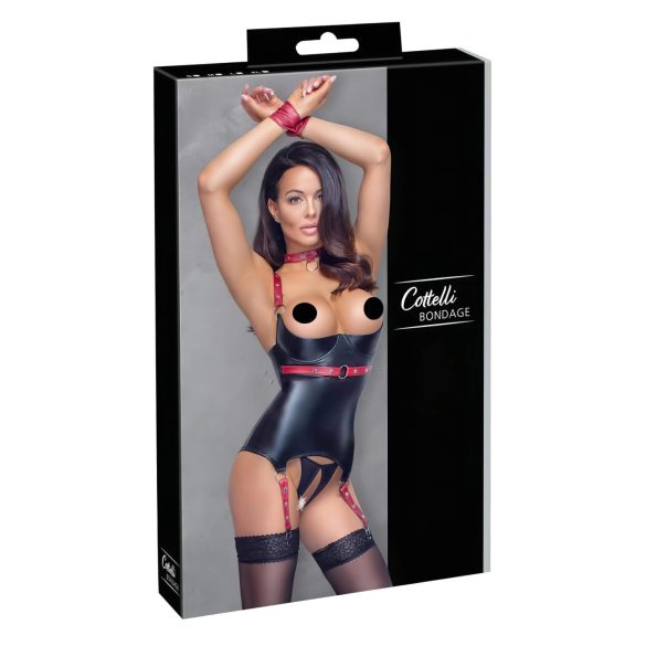Cottelli Bondage - Kiiltävä nosto-yläosa kauluksella (musta) - XL