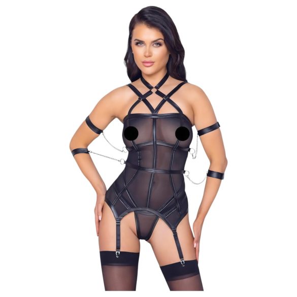 Cottelli Bondage - remmiyläosa, käsikahleet ja stringit (musta)