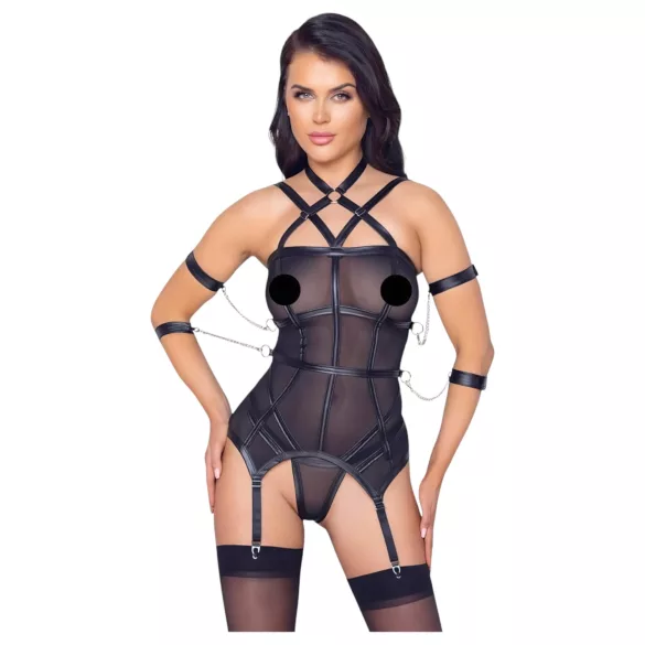 Cottelli Bondage - hihaton yläosa, käsiraudat ja stringit (musta) - L