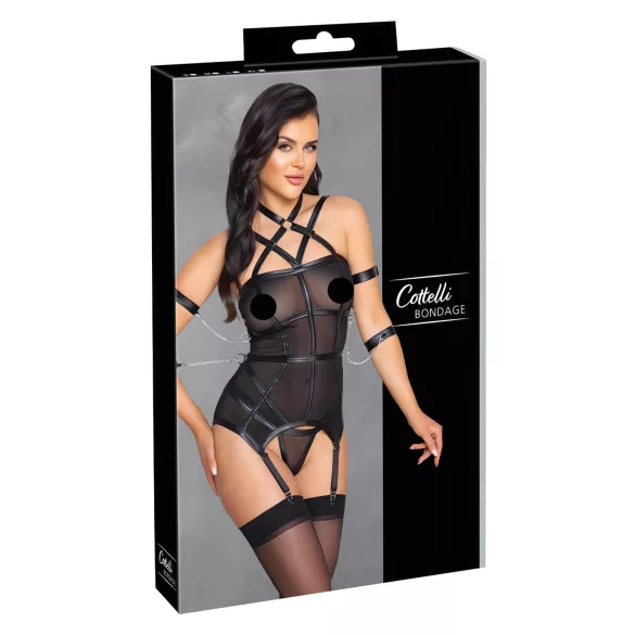 Cottelli Bondage - hihaton yläosa, käsiraudat ja stringit (musta) - L