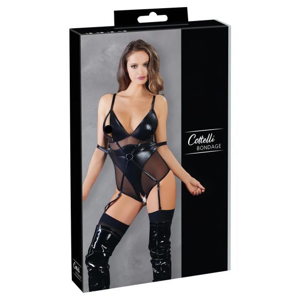 Cottelli Bondage - kiiltävä body ja käsiraudat (musta)