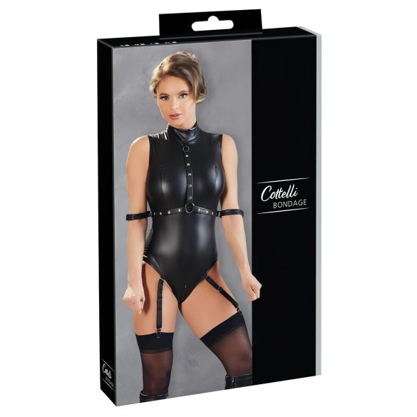 Cottelli Bondage - kiiltävä hihaton body ja käsiraudat (musta) - L