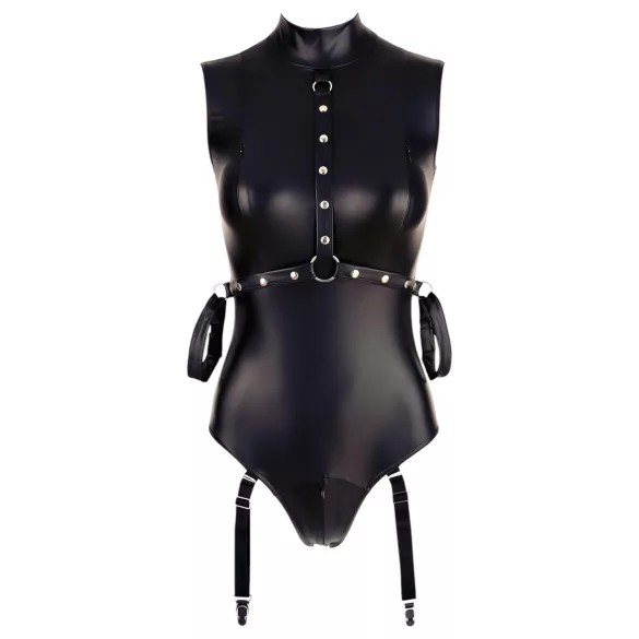 Cottelli Bondage - hihaton kiiltävä body ja käsikahleet - musta - XL