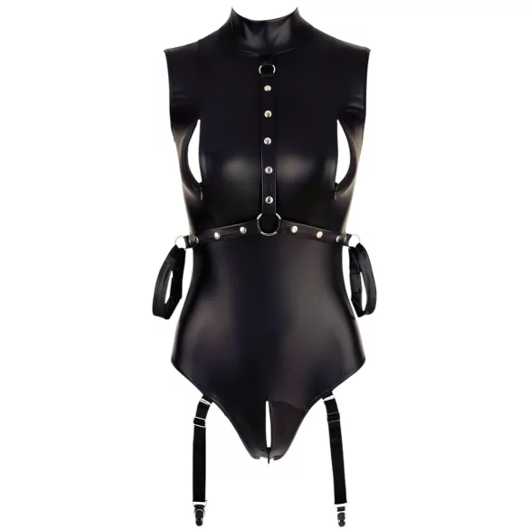 Cottelli Bondage - hihaton kiiltävä body ja käsikahleet - musta - XL