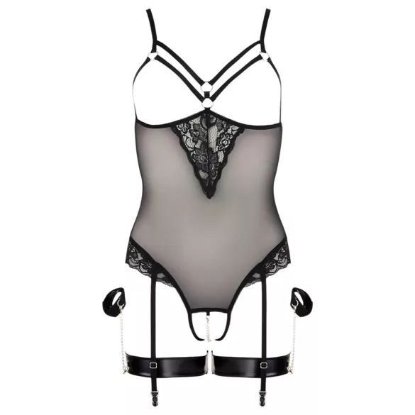 Cottelli Bondage - bodysuit ja käsikahleet metallirenkailla - musta