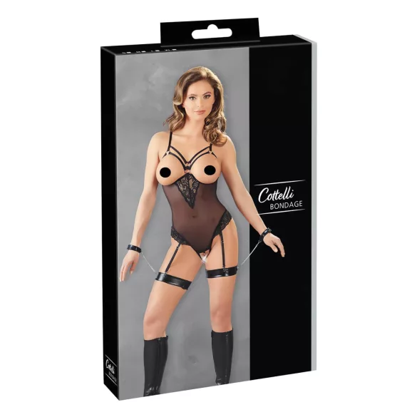 Cottelli Bondage - bodysuit ja käsikahleet metallirenkailla - musta - M