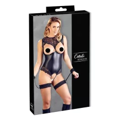   Cottelli Bondage - avonainen vartalopuku ja käsikahleet - kiiltävä musta