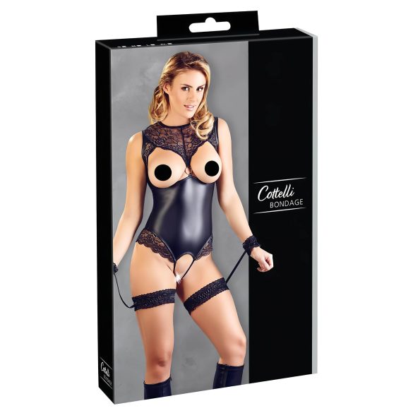 Cottelli Bondage - kiiltävä avoin body ja käsiraudat (musta)