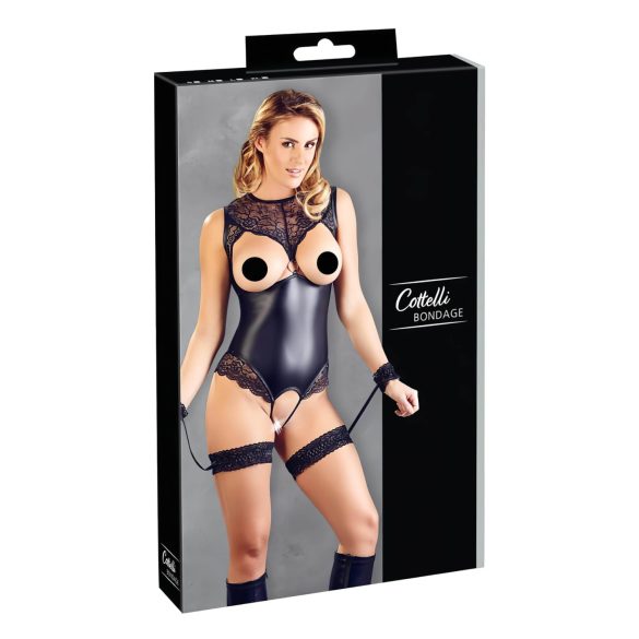 Cottelli Bondage - kiiltävä avoin body ja käsikahleet (musta)
