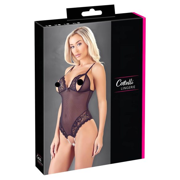 Cottelli - Pitsinen ja helmikoristeltu avoin body (musta) - M