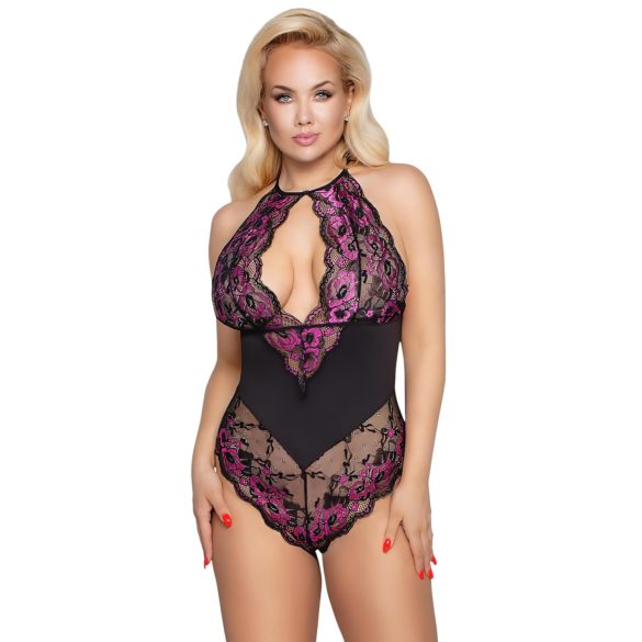 Cottelli Plus Size - kukkakuvioinen body - musta-violetti