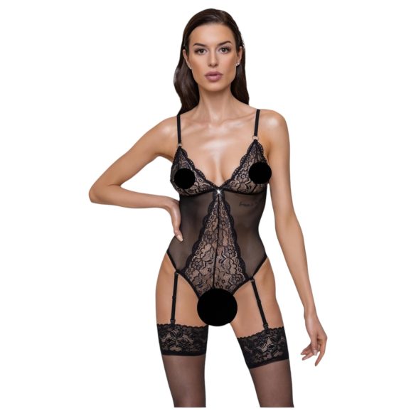 Cottelli - pitsinen avoin body sukkanauhoilla (musta) - M