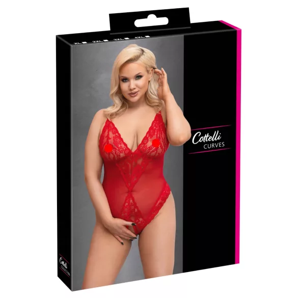 Cottelli Curves - läpinäkyvä pitsibody - punainen - 2XL