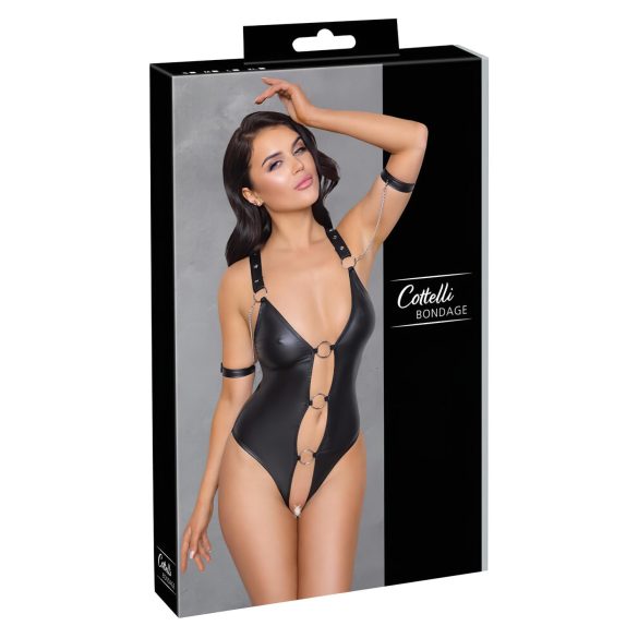 Cottelli Bondage - kiiltävä, rengasmainen, avoin body (musta)