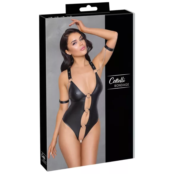 Cottelli Bondage - avoin body renkailla - kiiltävä musta - L