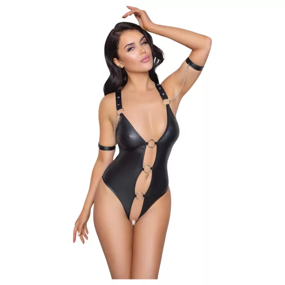 Cottelli Bondage - avoin body renkailla - kiiltävä musta - L