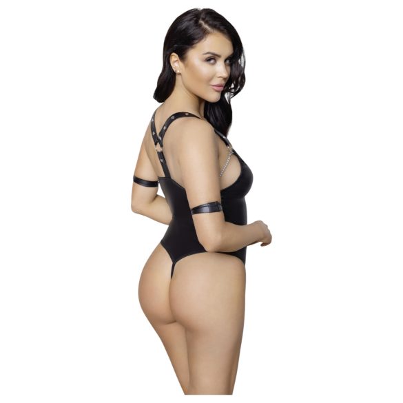 Cottelli Bondage - avoin body renkailla - kiiltävä musta - XL