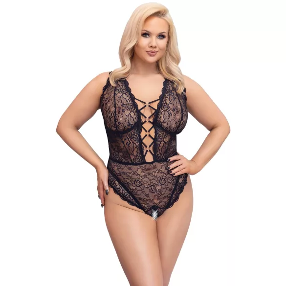Cottelli Curves Plus Size - läpinäkyvä pitsibody - musta