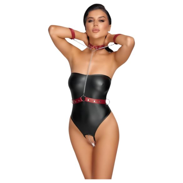 Cottelli Bondage - kiiltävä body ja käsiraudat (musta) - L