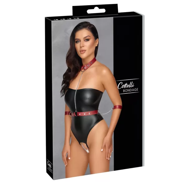 Cottelli Bondage - kiiltävä body ja käsikahleet (musta) - L