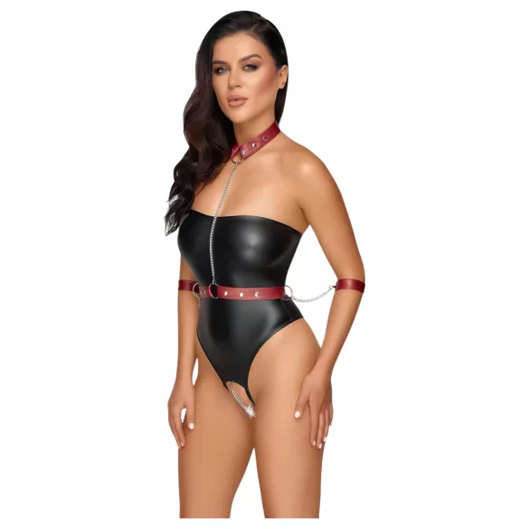 Cottelli Bondage - kiiltävä body ja käsikahleet (musta) - L