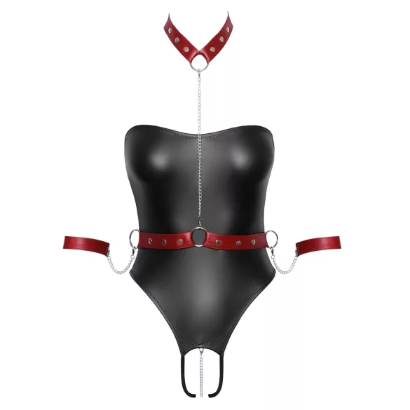 Cottelli Bondage - kiiltävä body ja käsikahleet (musta) - L