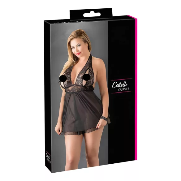 Cottelli Plus Size - babydoll pitsinen - musta - iso koko - 4XL